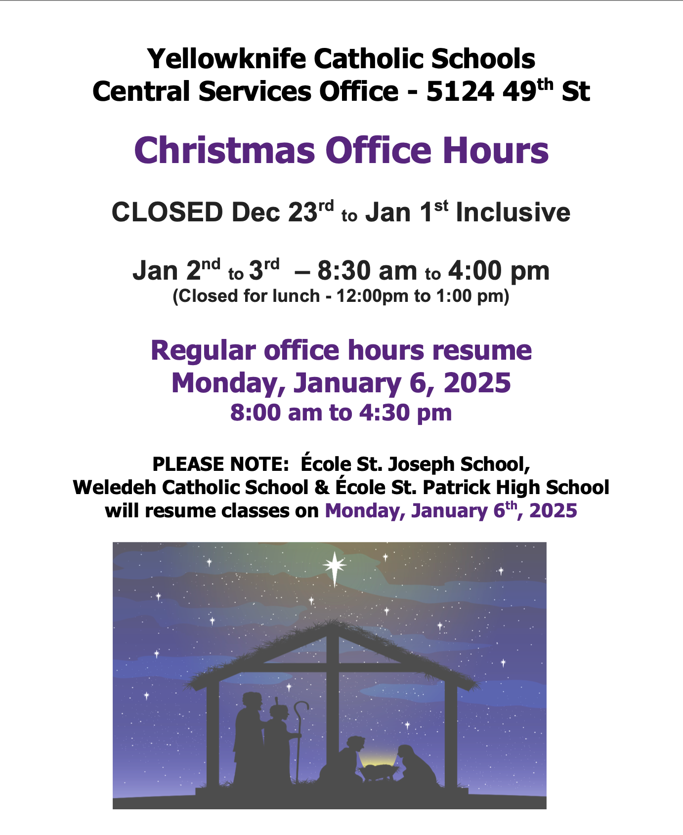 Christmas Holiday Hours 2024-25